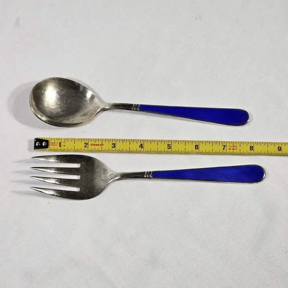 D&C Japan E.P. Flatware Serving Set Spoon Fork Cobalt Blue W/ Scalloped Design - Picture 8 of 8